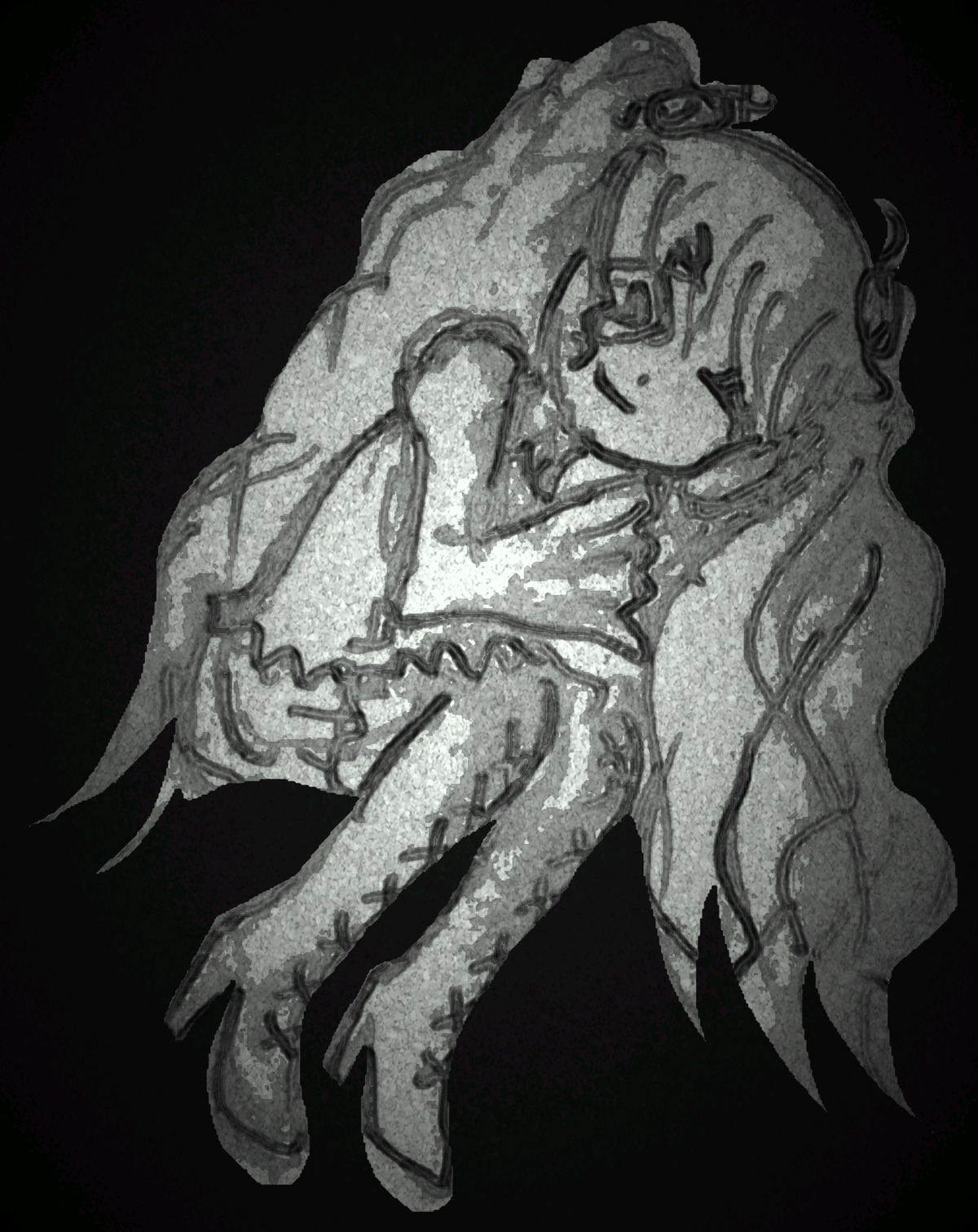 1girl black_background dress greyscale high_heels image kirakishou long_hair monochrome solo traditional_media