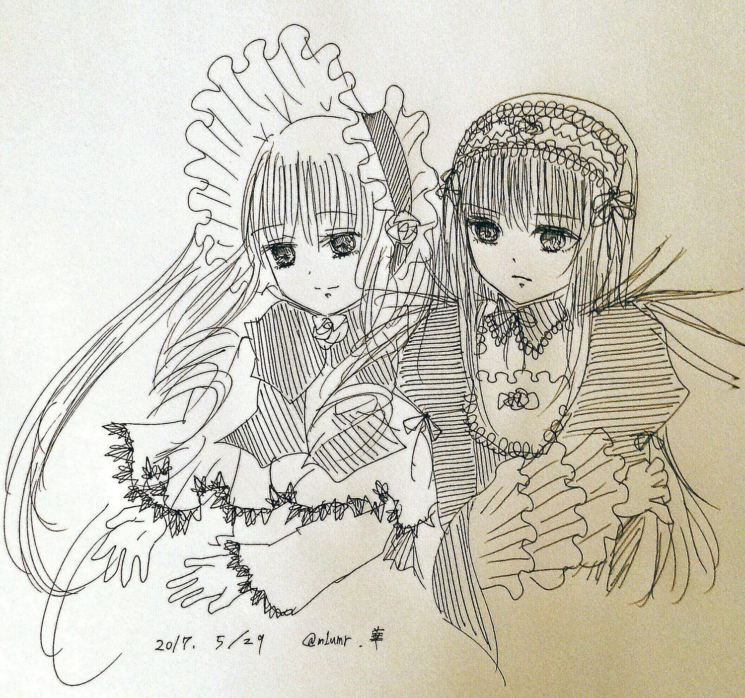 2girls dress frills hairband image long_hair long_sleeves looking_at_viewer monochrome multiple_girls pair shinku simple_background suigintou traditional_media upper_body