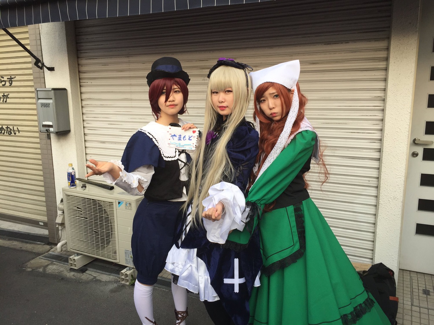 3girls blonde_hair blue_eyes brown_hair dress hat lips long_hair multiple_cosplay multiple_girls tagme