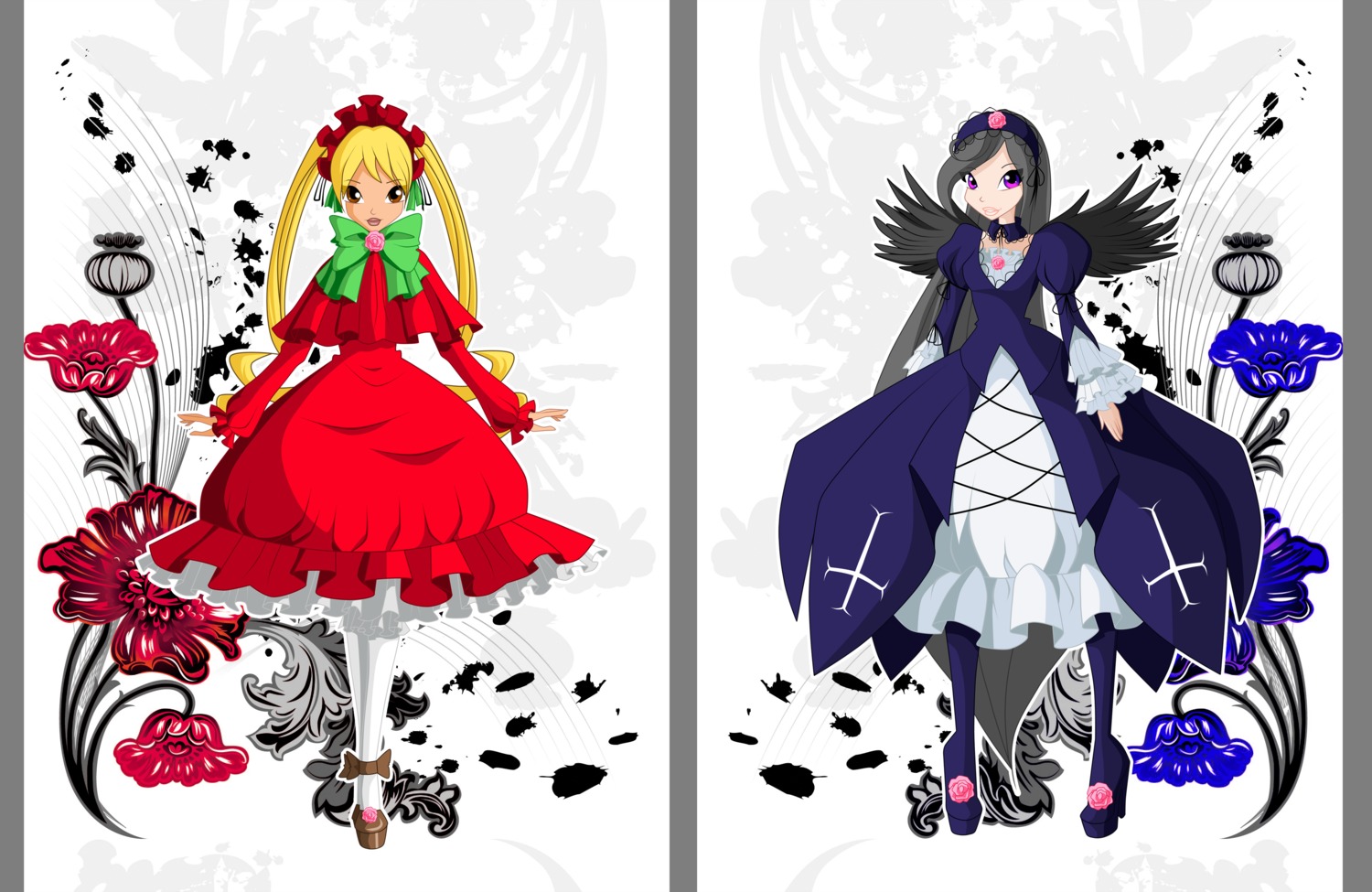 2girls black_hair blonde_hair bow bug butterfly dress flower image insect long_hair multiple_girls pair pantyhose purple_eyes rose shinku suigintou twintails