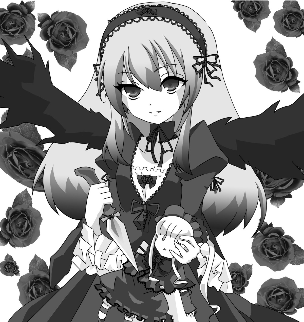 1girl black_flower black_rose blue_rose dress floral_background flower frills gothic_lolita greyscale hairband holding_flower image lolita_fashion long_hair long_sleeves monochrome pink_rose purple_rose red_flower red_rose rose rose_petals shinku smile solo spoken_squiggle suigintou thorns white_rose wings yellow_rose