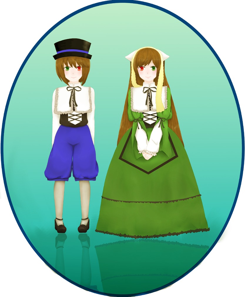 2girls brown_hair dress green_eyes hat heterochromia image long_hair long_sleeves looking_at_viewer multiple_girls pair red_eyes short_hair siblings sisters smile souseiseki suiseiseki top_hat twins