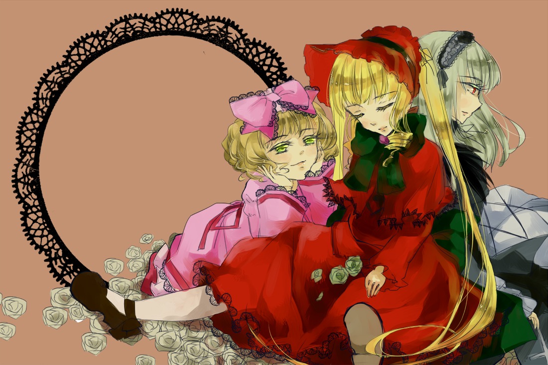 3girls blonde_hair bonnet bow closed_eyes dress hina_ichigo image long_hair long_sleeves multiple multiple_girls pink_bow red_dress red_eyes rose shinku short_hair silver_hair sleeping suigintou tagme
