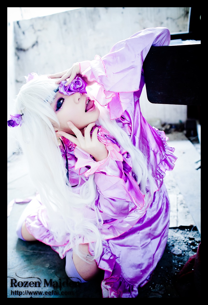1girl barasuishou black_border blue_eyes dress eyepatch flower frills hair_ornament letterboxed long_hair pillarboxed rose solo windowboxed