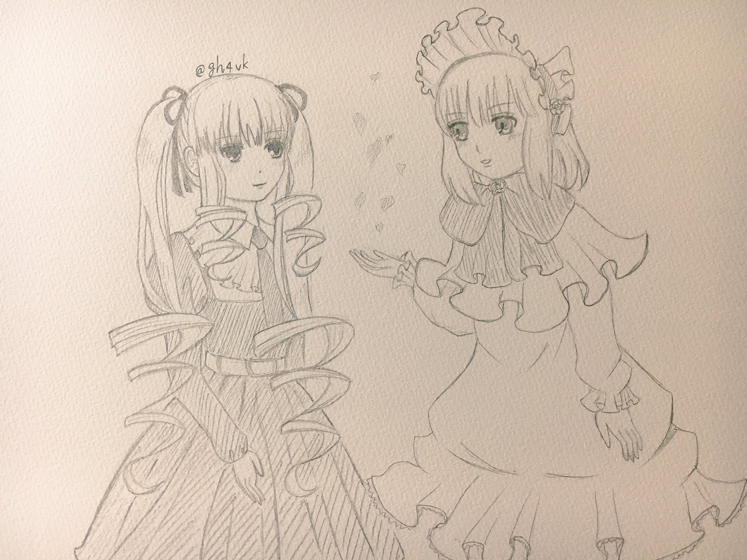 2girls dress image long_hair long_sleeves looking_at_viewer monochrome multiple_girls shinku smile solo standing traditional_media twins twintails
