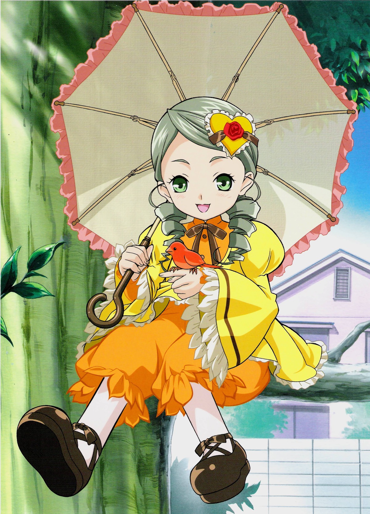 1girl black_umbrella dress drill_hair flower green_eyes green_hair hair_ornament holding holding_umbrella image kanaria open_mouth pantyhose parasol rain red_umbrella shared_umbrella smile solo transparent transparent_umbrella twin_drills umbrella