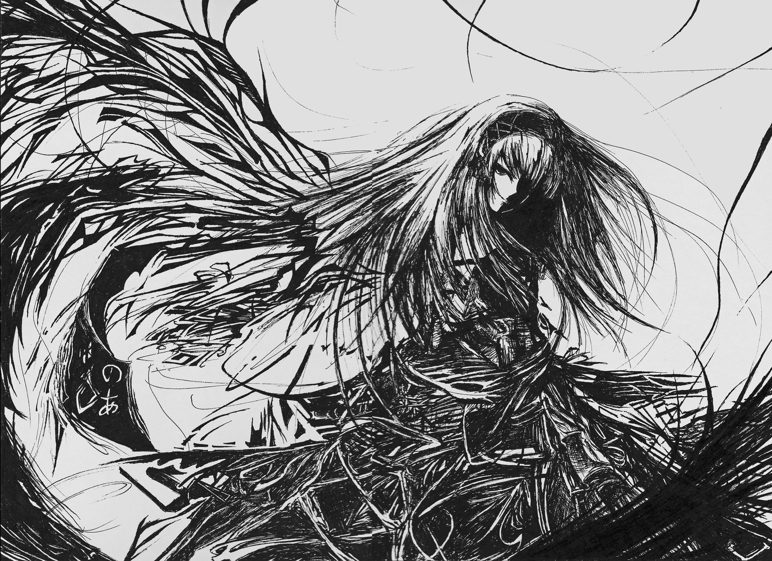 1girl akemi_homura black_hair dress greyscale hairband image long_hair looking_at_viewer monochrome solo suigintou