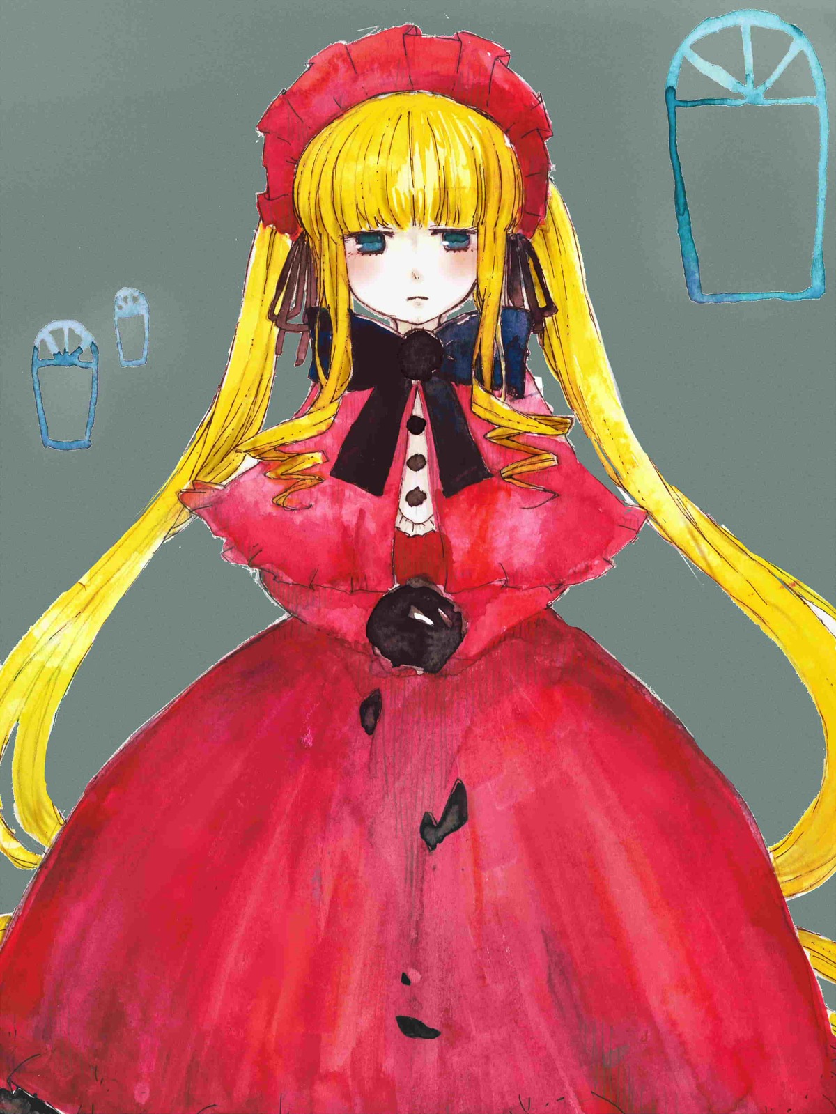 1girl blonde_hair blue_eyes blush bonnet bow dress image long_hair long_sleeves looking_at_viewer red_dress shinku simple_background solo traditional_media twintails very_long_hair