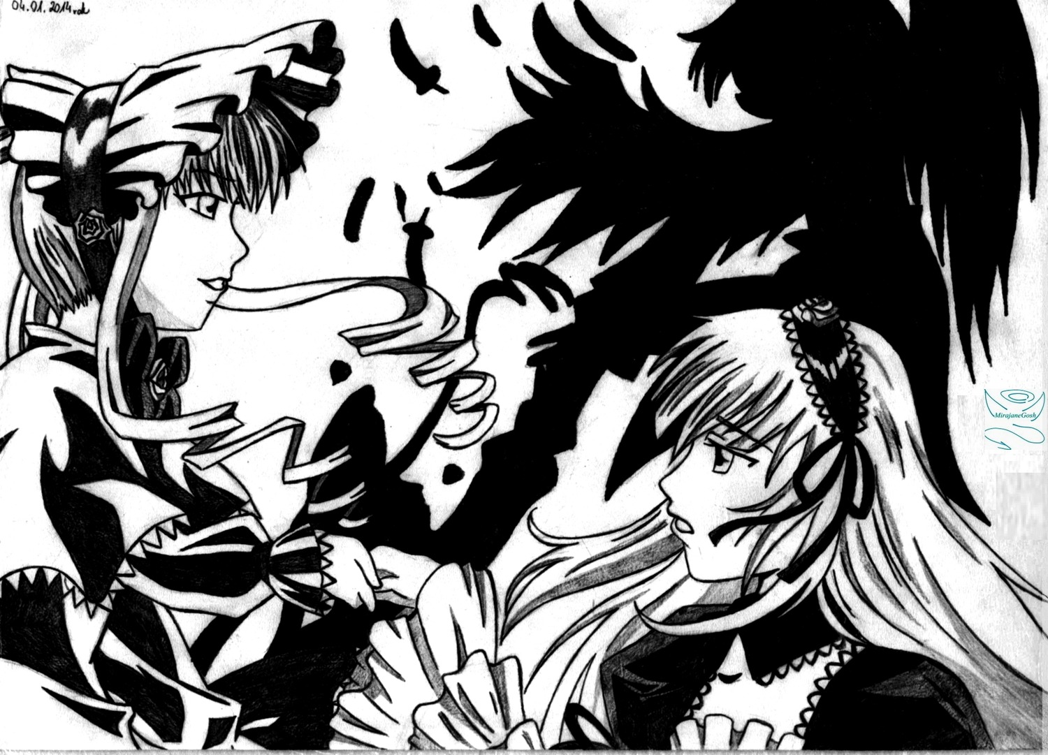 2girls blush dress eye_contact frills greyscale hairband image long_hair long_sleeves looking_at_another monochrome multiple_girls profile shinku simple_background solo suigintou upper_body wings