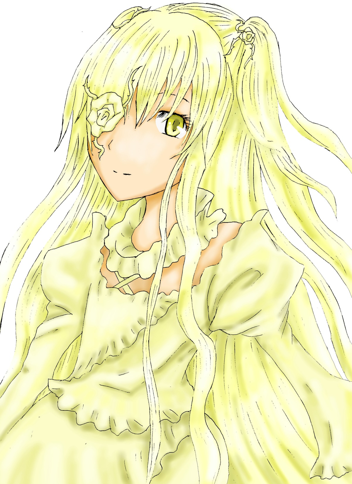 1girl blonde_hair collarbone dress eyepatch flower hair_flower hair_ornament image kirakishou long_hair long_sleeves looking_at_viewer rose smile solo striped upper_body yellow_eyes