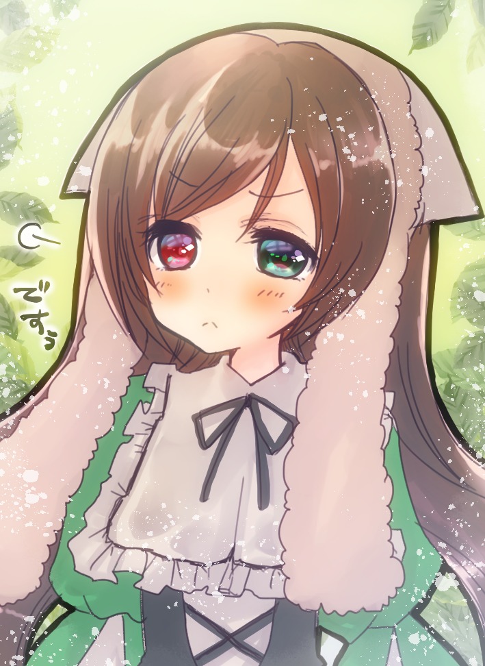 1girl :< bangs black_ribbon blush brown_hair dress green_dress green_eyes heterochromia image lolita_fashion long_hair long_sleeves looking_at_viewer neck_ribbon outdoors red_eyes ribbon solo suiseiseki very_long_hair