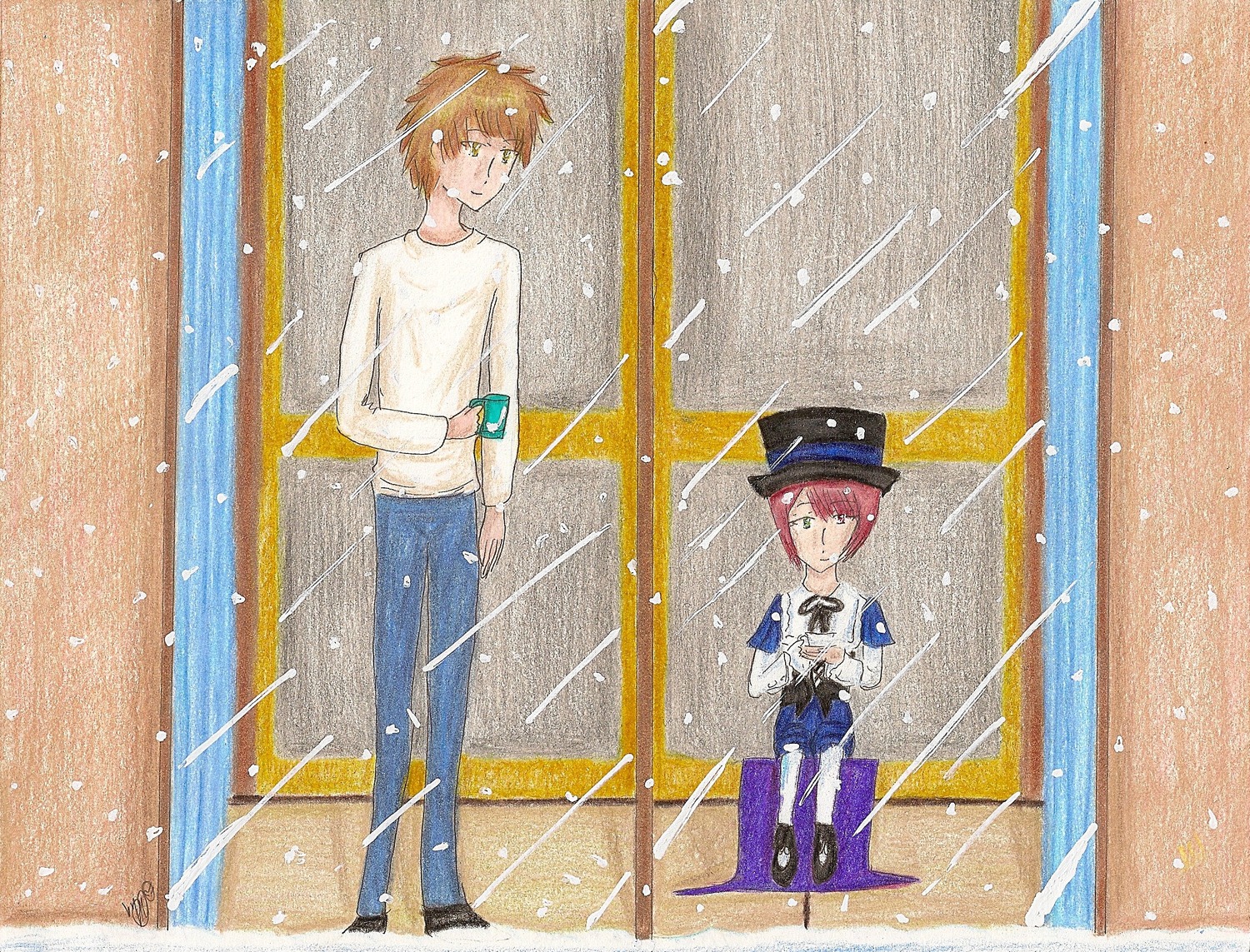 1boy 1girl baseball_cap beach black_headwear emiya_shirou green_eyes hat image multiple_boys orange_hair pants shirt solo souseiseki standing water water_drop white_shirt
