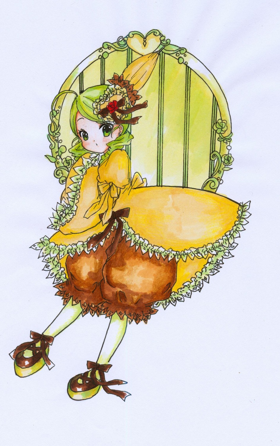 1girl ahoge bloomers bow dress flower frills full_body green_eyes green_hair hair_ornament image kanaria long_sleeves pantyhose short_hair solo standing striped umbrella