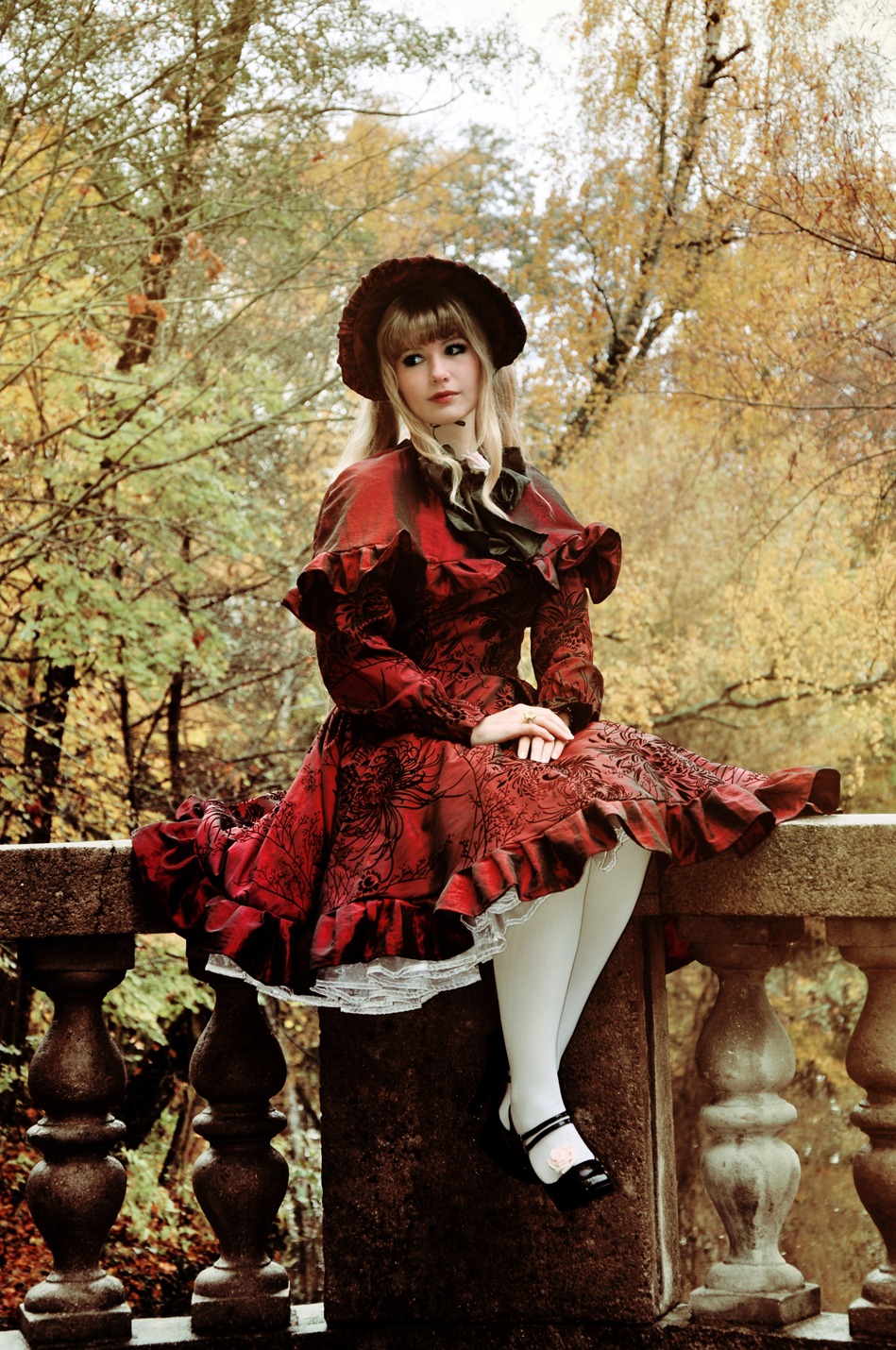 1girl blonde_hair blue_eyes dress hat lips long_hair pantyhose realistic red_dress shinku solo tree white_legwear