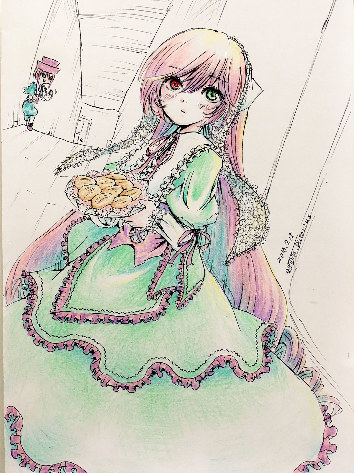 1girl artist_name dress flower frills green_dress green_eyes hat heterochromia holding image long_hair long_sleeves looking_at_viewer pink_hair red_eyes solo suiseiseki very_long_hair watering_can