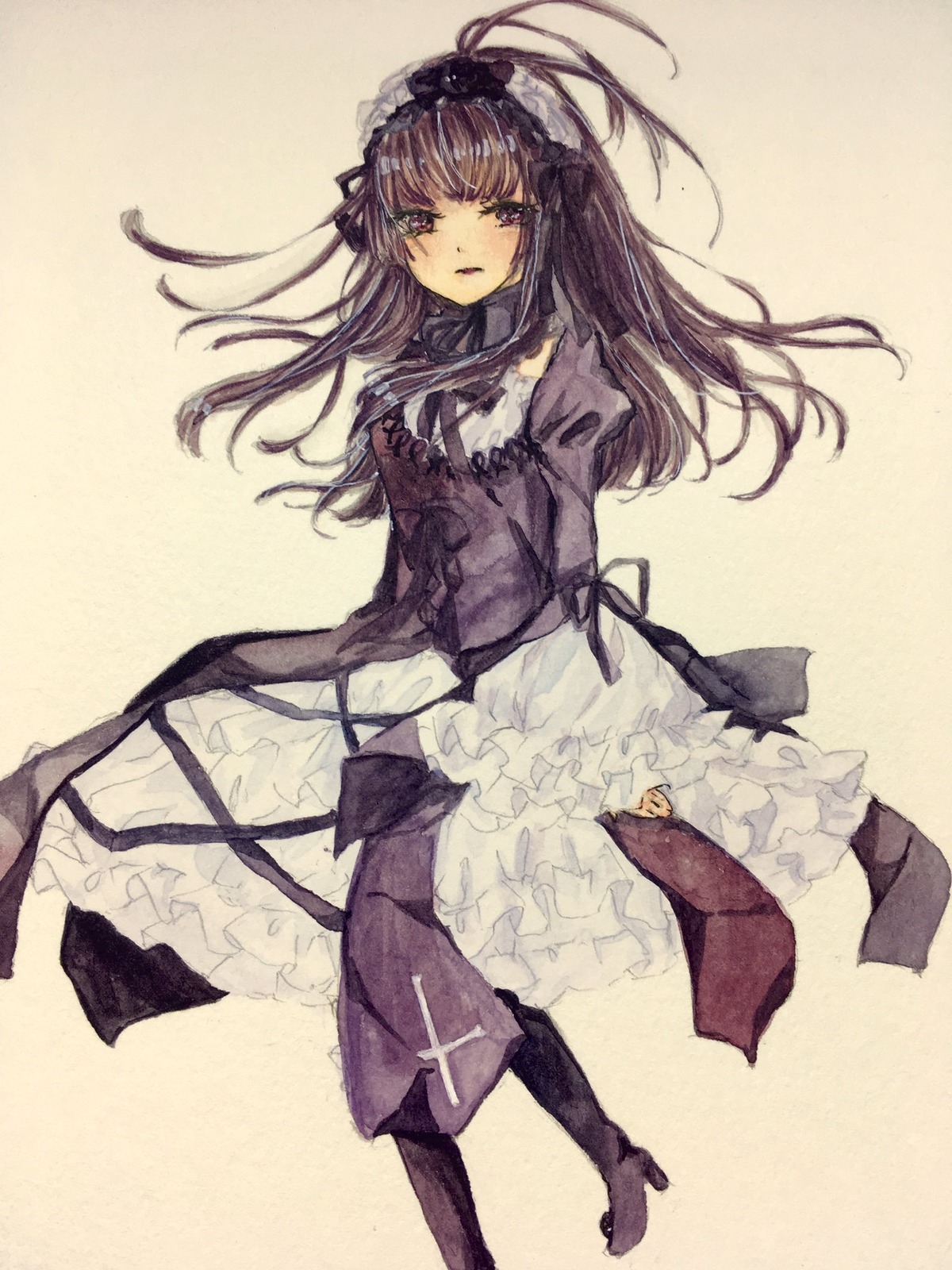 1girl akemi_homura black_hair boots dress frills hairband image long_hair pantyhose purple_eyes ribbon simple_background solo suigintou
