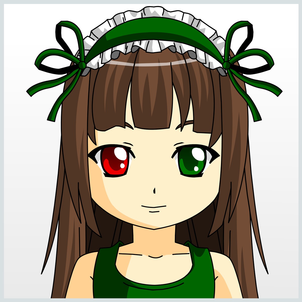 1girl bangs blunt_bangs brown_hair closed_mouth eyebrows_visible_through_hair green_eyes green_ribbon hair_ribbon hairband image long_hair looking_at_viewer portrait ribbon smile solo striped suiseiseki