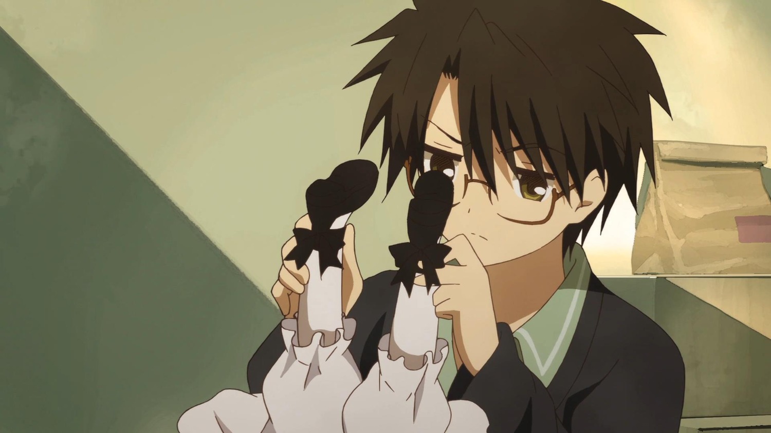 1boy brown_hair glasses holding image long_sleeves sakurada_jun shinku solo upper_body