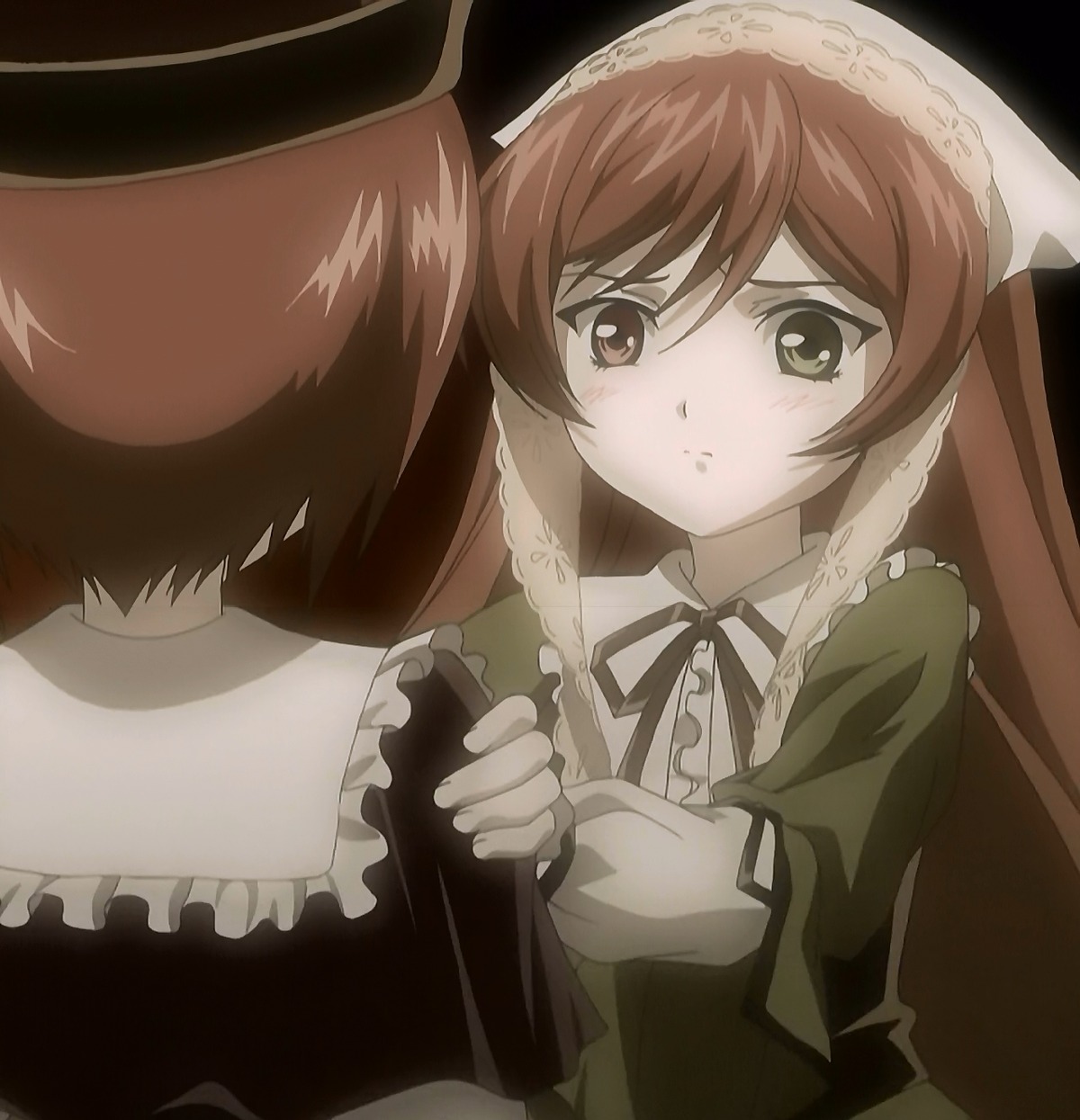 1girl brown_hair dress frills image long_hair long_sleeves pair ribbon solo souseiseki suiseiseki