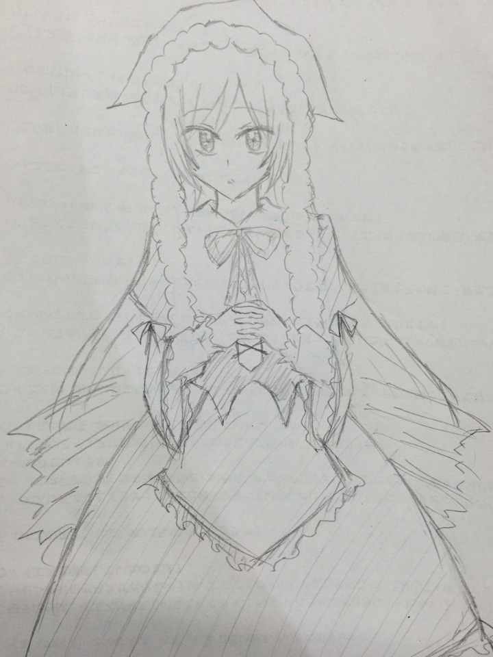 1girl apron braid capelet dress eyebrows_visible_through_hair greyscale hands_clasped hands_together image long_hair long_sleeves looking_at_viewer monochrome own_hands_together solo suiseiseki traditional_media twin_braids