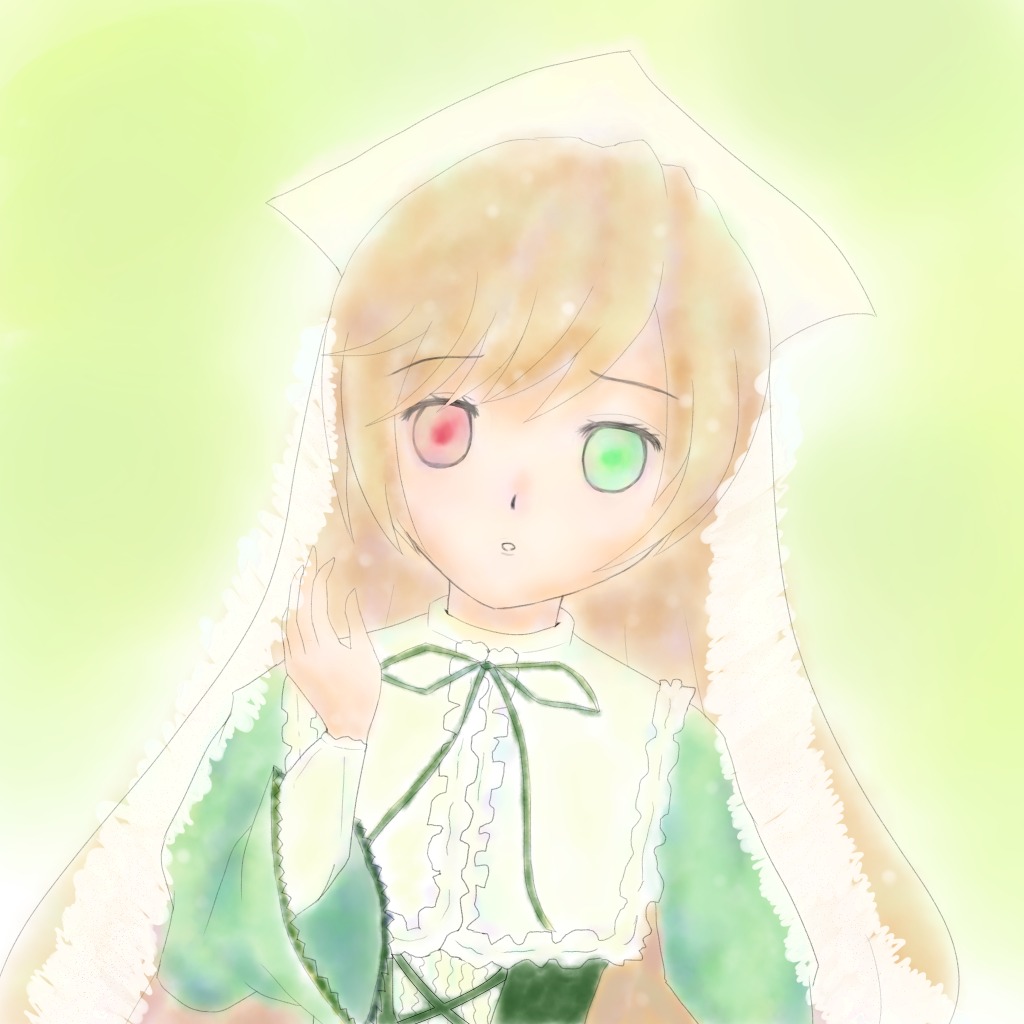 1girl bangs blonde_hair dress green_background green_dress green_eyes head_scarf heterochromia image long_sleeves looking_at_viewer neck_ribbon ribbon solo suiseiseki upper_body veil