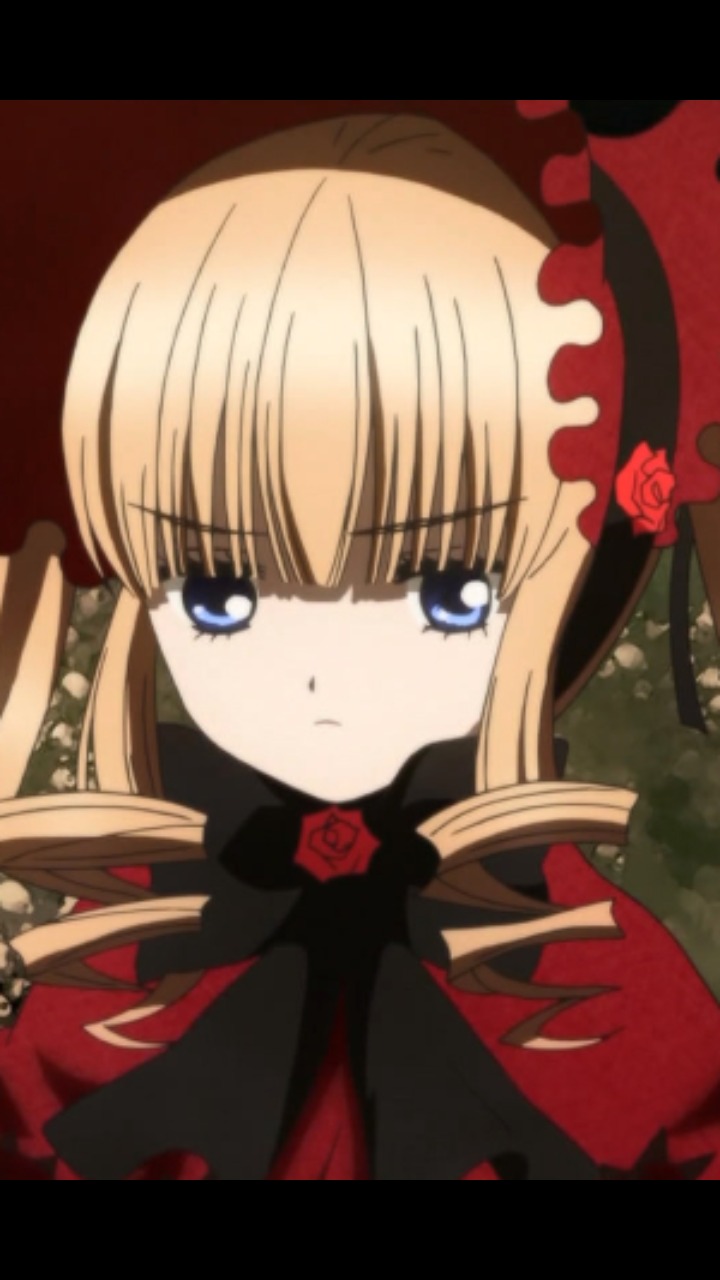 1girl blonde_hair blue_eyes bonnet bow bowtie dress flower image letterboxed long_hair looking_at_viewer red_flower red_rose rose shinku solo