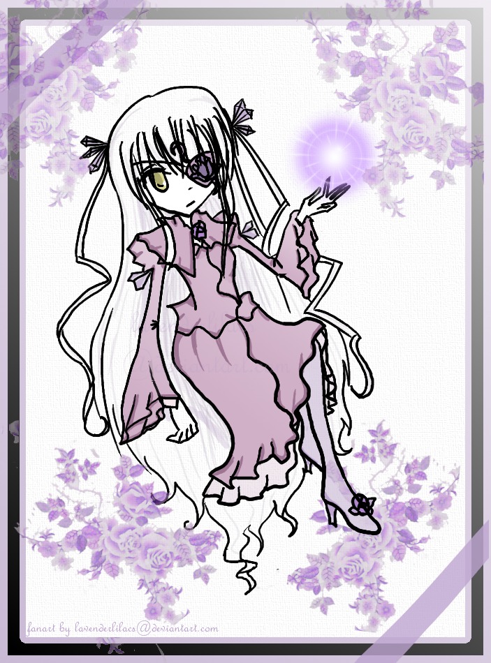 1girl barasuishou dress eyepatch flower frills full_body hair_ribbon image long_hair long_sleeves looking_at_viewer purple_flower purple_rose ribbon rose solo standing very_long_hair yellow_eyes
