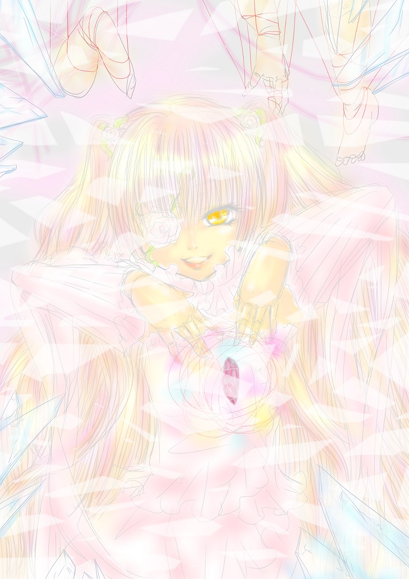 1girl blonde_hair curtains dress image kirakishou long_hair pink_hair rose see-through smile solo yellow_eyes