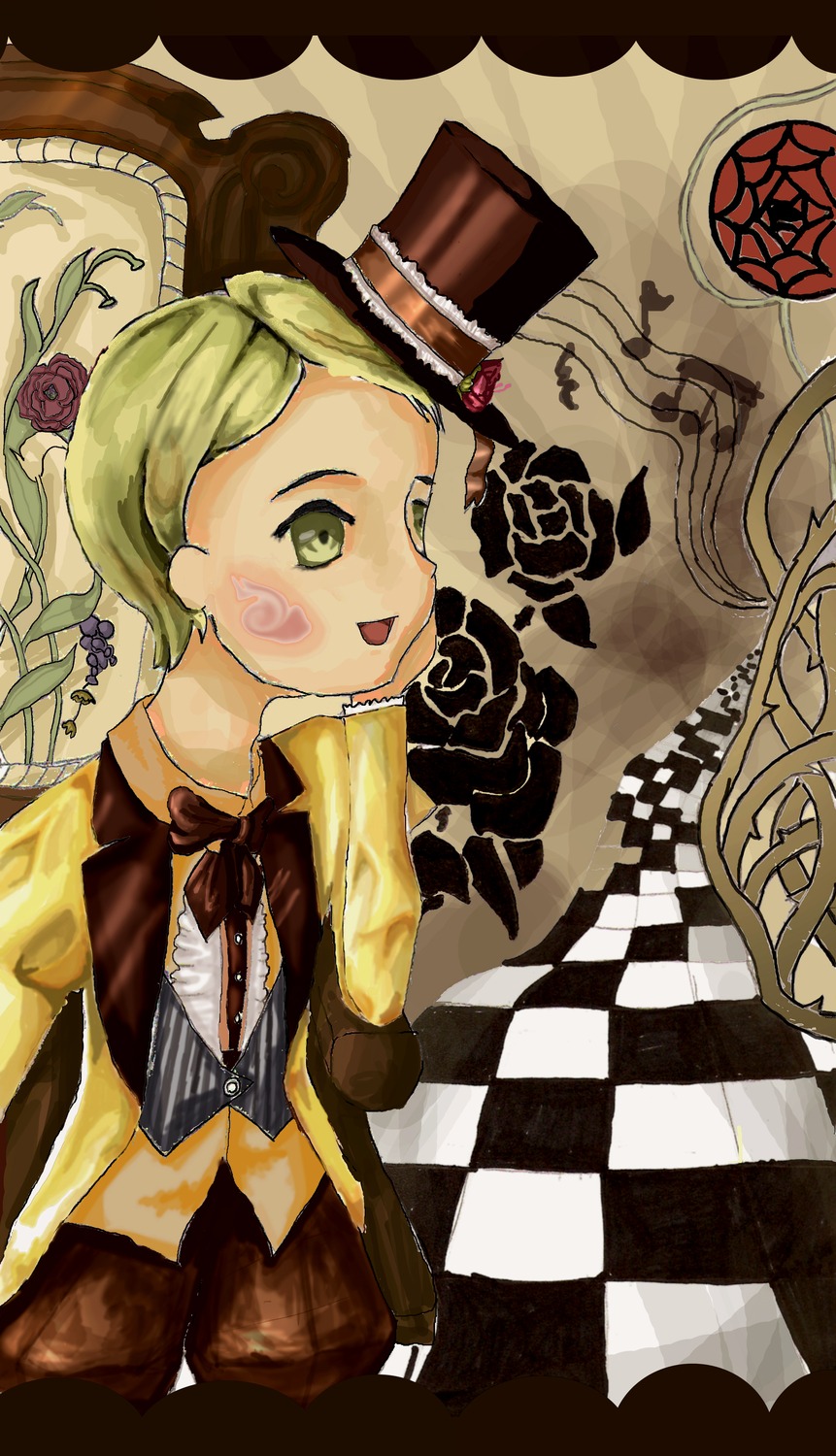 1boy 1girl argyle argyle_background argyle_legwear blonde_hair board_game checkered checkered_background checkered_floor checkered_skirt chess_piece flag green_eyes green_hair hat image kanaria mini_hat mini_top_hat perspective shorts solo thighhighs tile_floor tiles top_hat vanishing_point