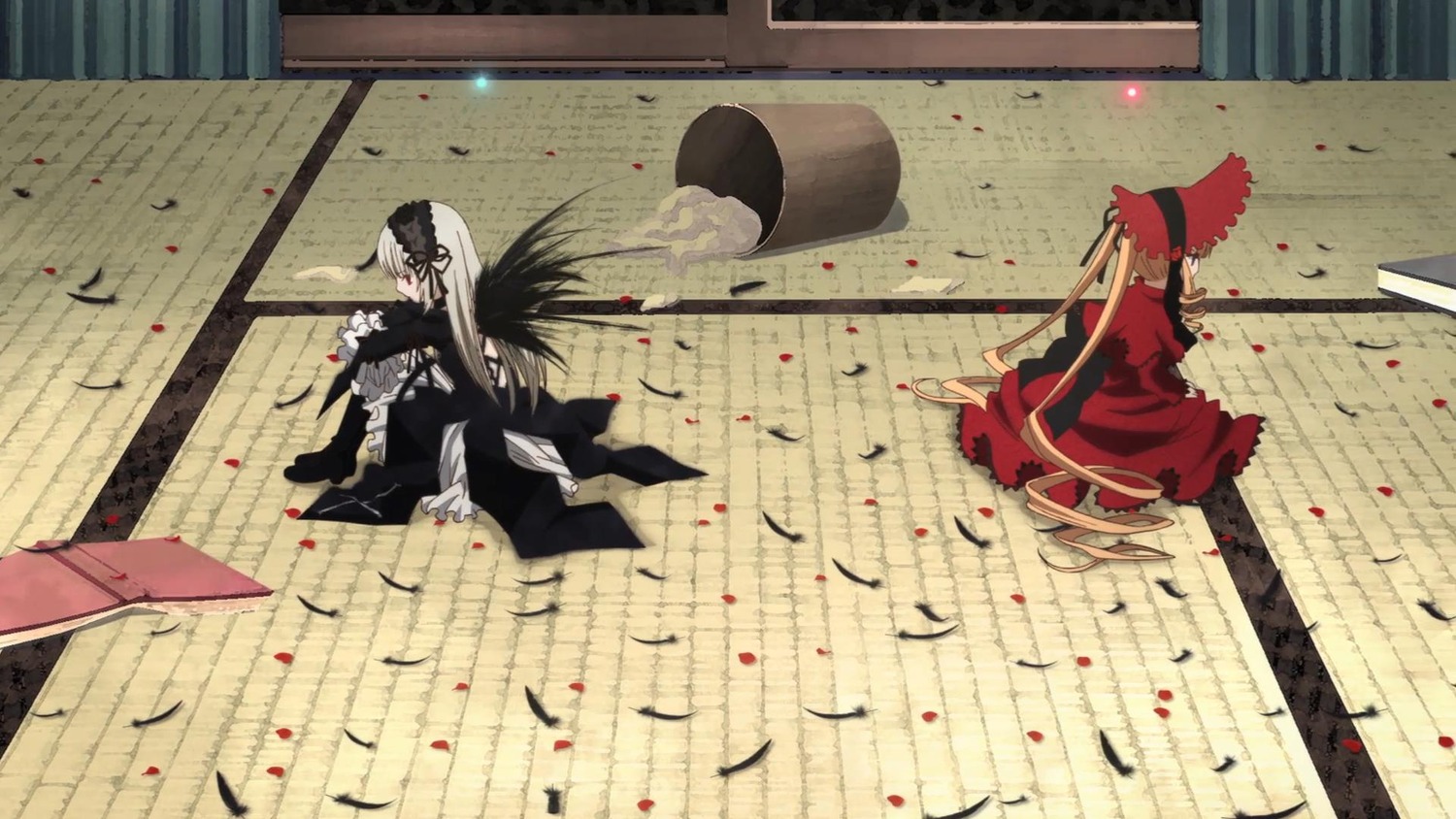 battle bird black_hair feathers hat image multiple_boys pair petals shinku suigintou sword weapon