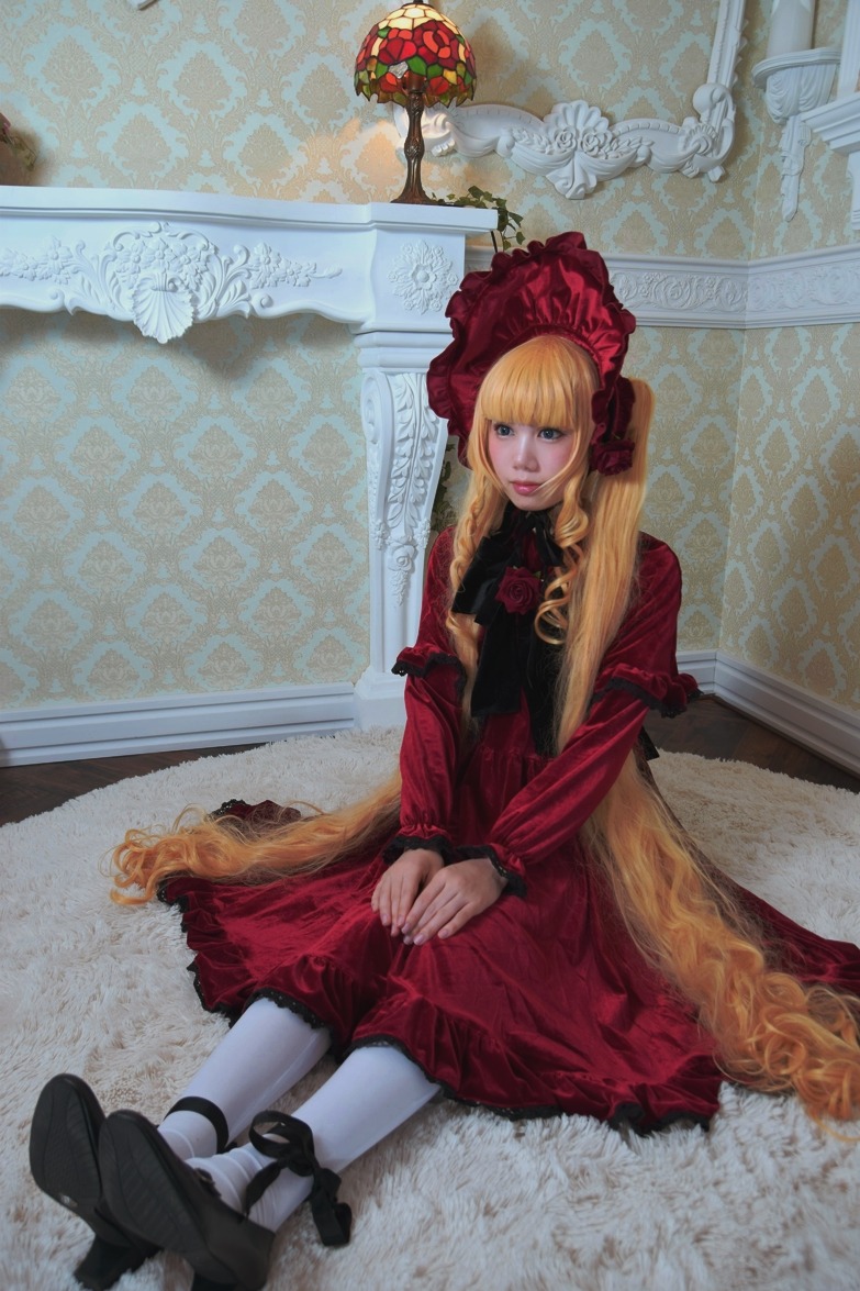 1girl blonde_hair blue_eyes bonnet dress flower long_hair photo realistic red_dress rose shinku shoes sitting solo white_legwear