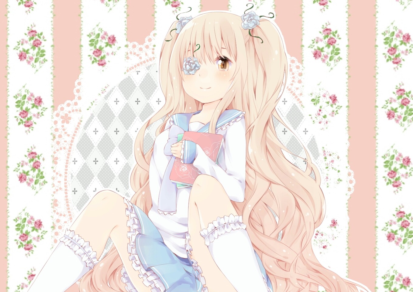 1girl blonde_hair checkered checkered_background checkered_floor eyepatch flower hair_flower hair_ornament image kirakishou kneehighs long_hair sitting smile solo striped vertical_stripes very_long_hair
