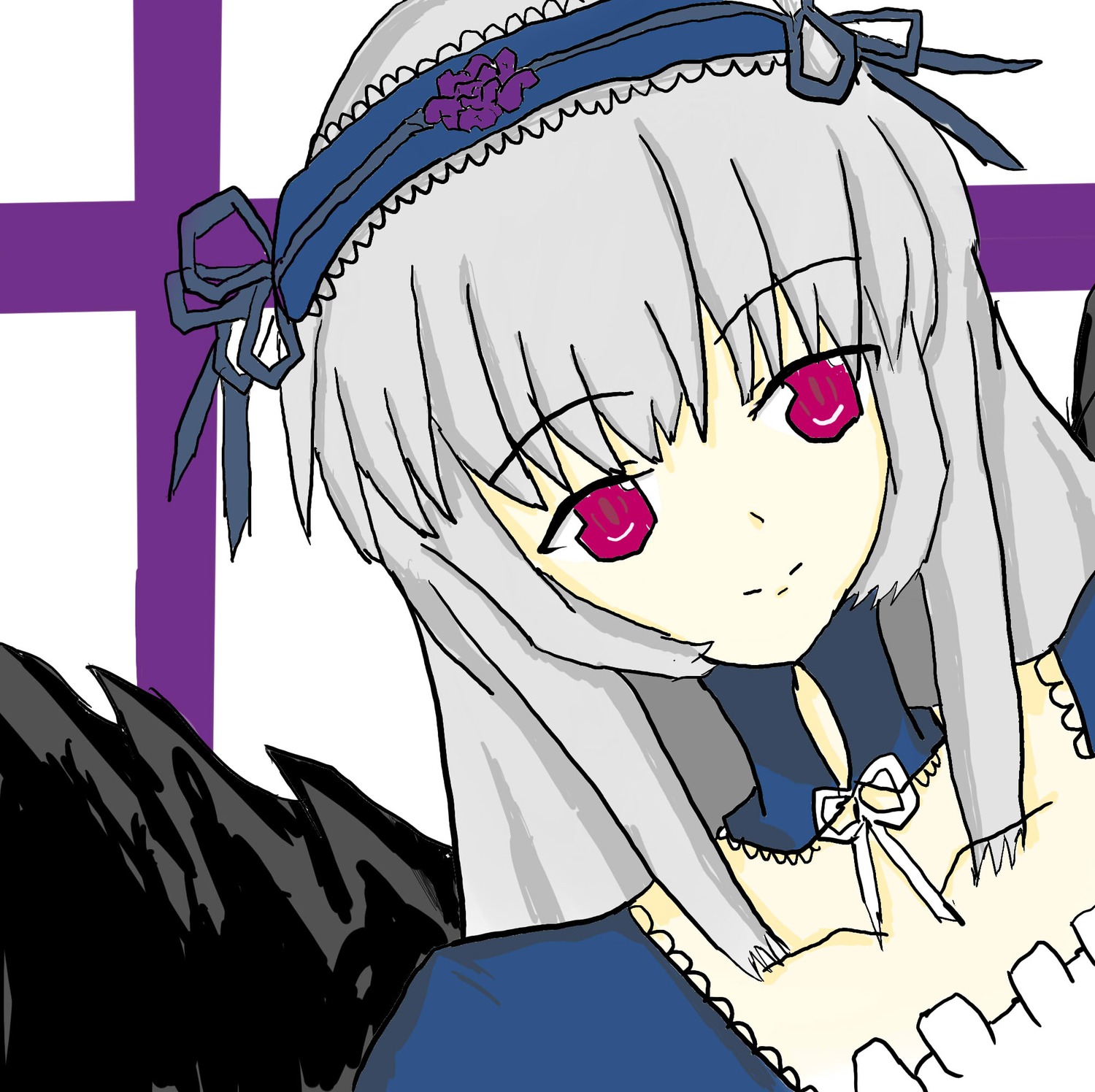 1girl black_wings detached_collar dress flower frills hairband image long_hair looking_at_viewer pink_eyes ribbon silver_hair smile solo suigintou upper_body wings