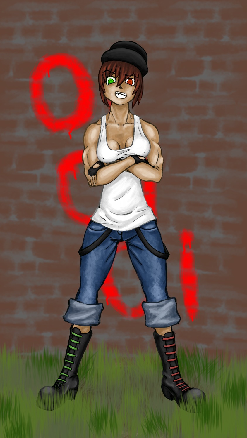 1girl boots breasts brown_hair cleavage cross-laced_footwear crossed_arms green_eyes grin hat heterochromia image jeans lace-up_boots large_breasts pants red_eyes short_hair smile solo souseiseki tank_top what