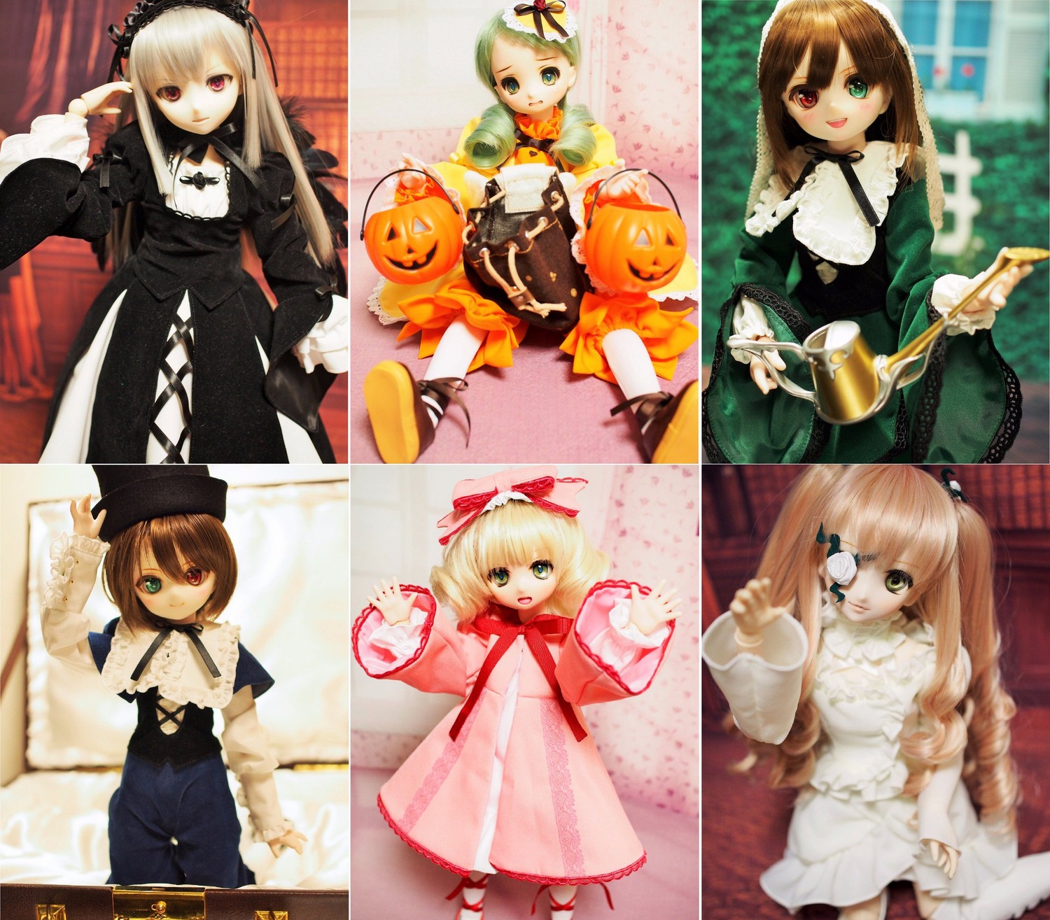 6+girls blonde_hair blue_eyes bow brown_hair doll dress frills green_eyes halloween hat heterochromia hina_ichigo jack-o'-lantern kanaria long_hair long_sleeves looking_at_viewer multiple_dolls multiple_girls pink_bow pumpkin red_eyes ribbon shinku short_hair siblings sisters smile souseiseki suigintou suiseiseki tagme twins twintails