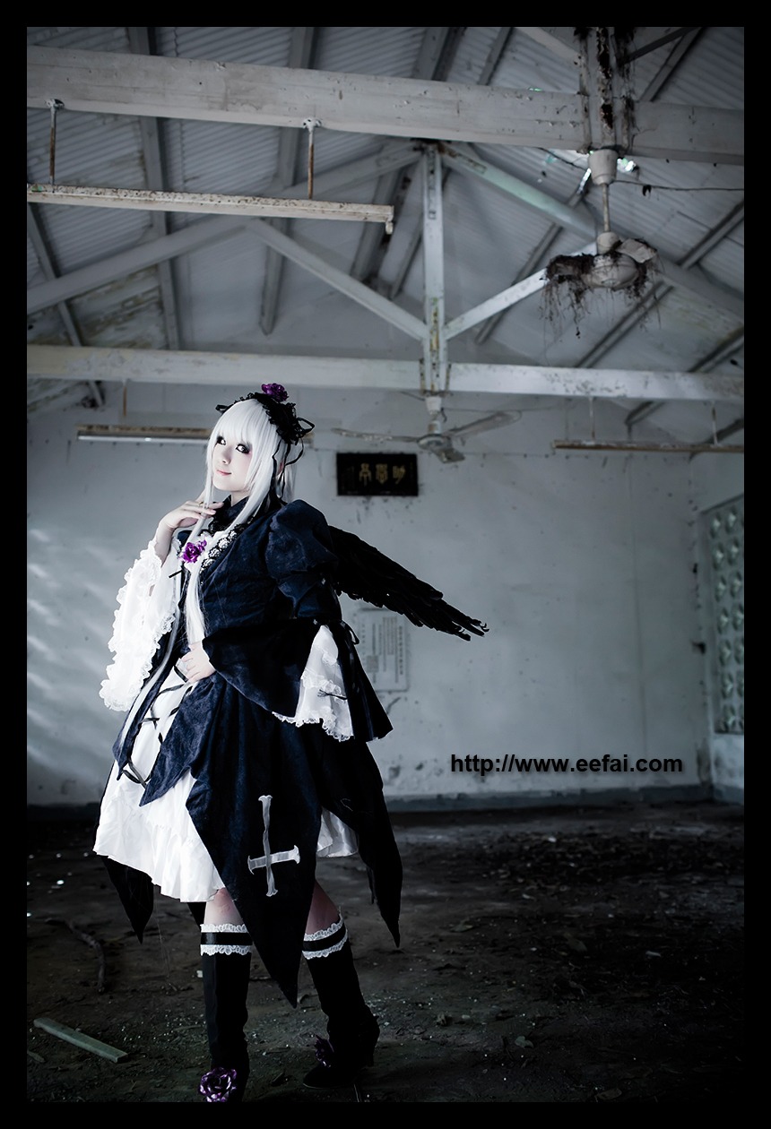 1girl black_border black_legwear gun letterboxed long_hair solo standing suigintou sword thighhighs weapon