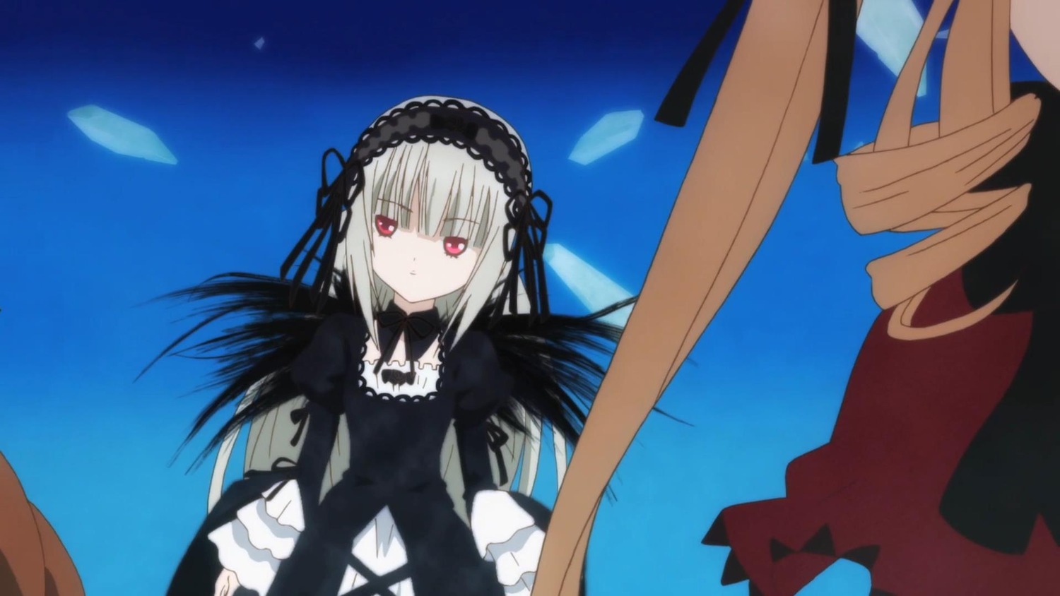 1girl black_dress black_ribbon black_wings day dress drill_hair frills hairband image long_hair long_sleeves looking_at_viewer outdoors pair red_eyes ribbon shinku silver_hair sky solo suigintou very_long_hair wings