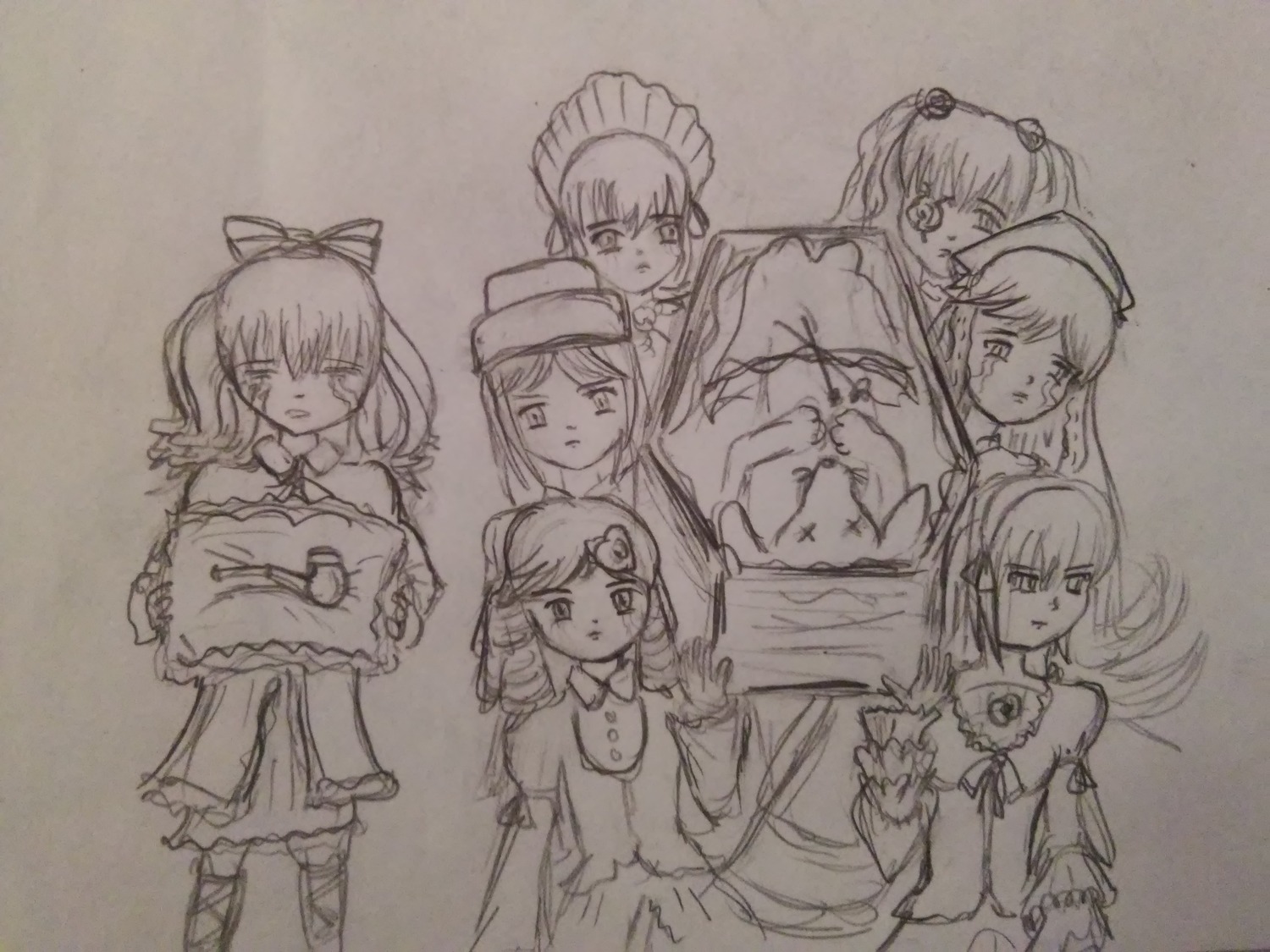 6+girls dress hair_ornament hat hina_ichigo image kanaria long_hair long_sleeves multiple multiple_girls shinku short_hair sketch souseiseki suigintou suiseiseki tagme traditional_media twintails