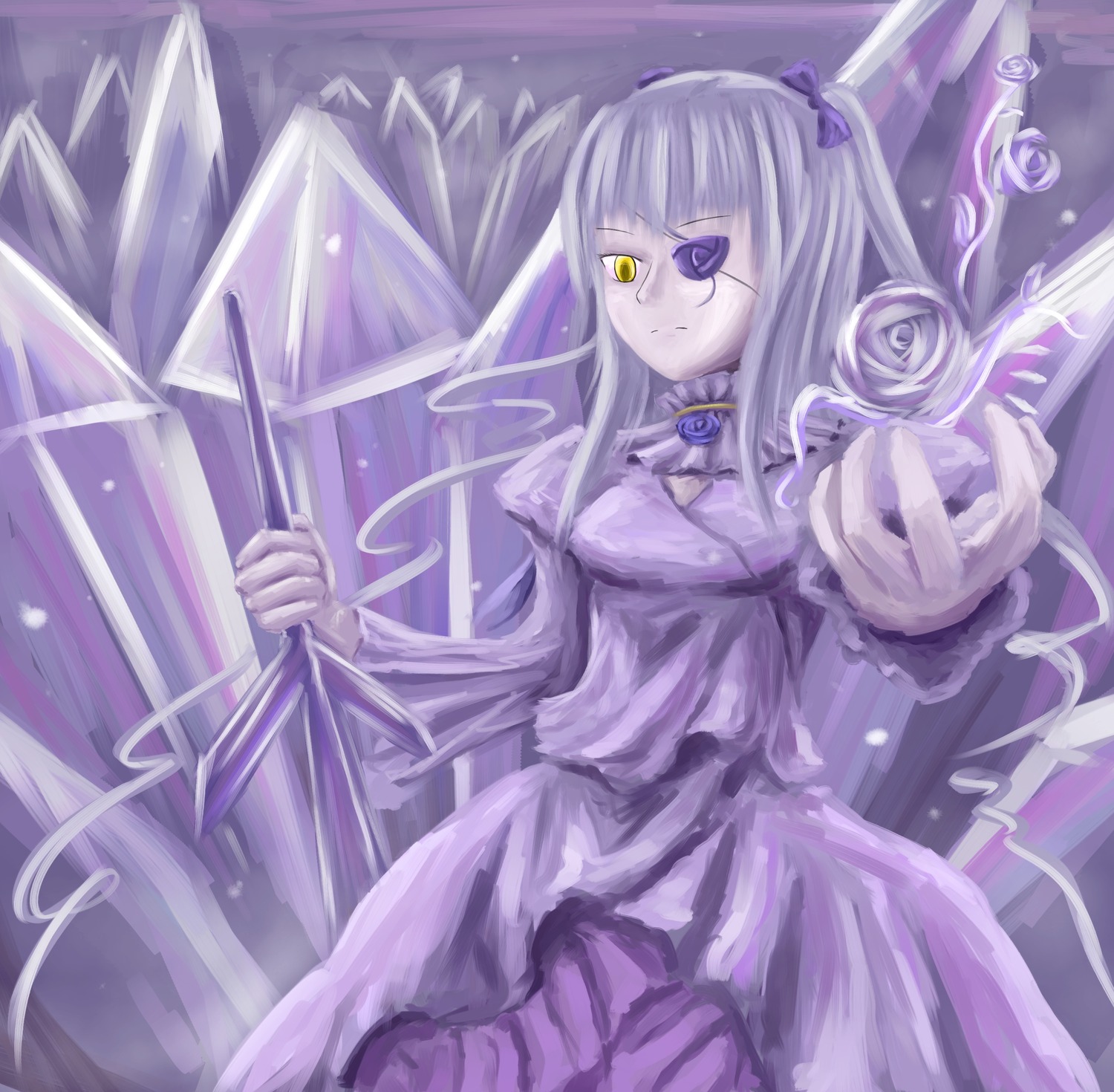 1girl barasuishou blunt_bangs dress frills image long_hair long_sleeves purple_theme ribbon rose solo yellow_eyes
