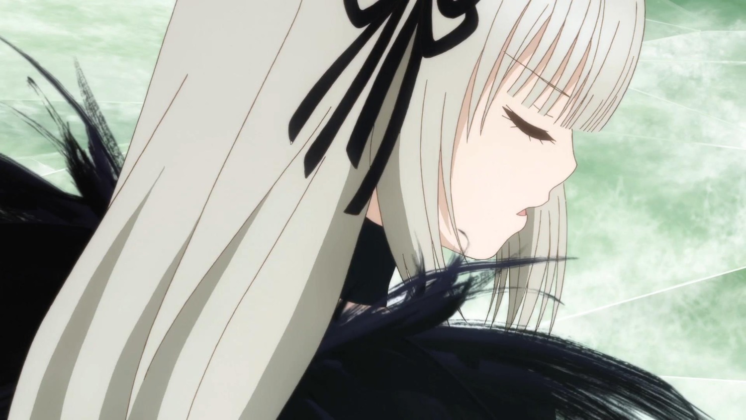1girl bangs black_dress black_ribbon blush closed_eyes dress eyebrows_visible_through_hair from_side hair_ribbon image long_hair profile ribbon solo suigintou