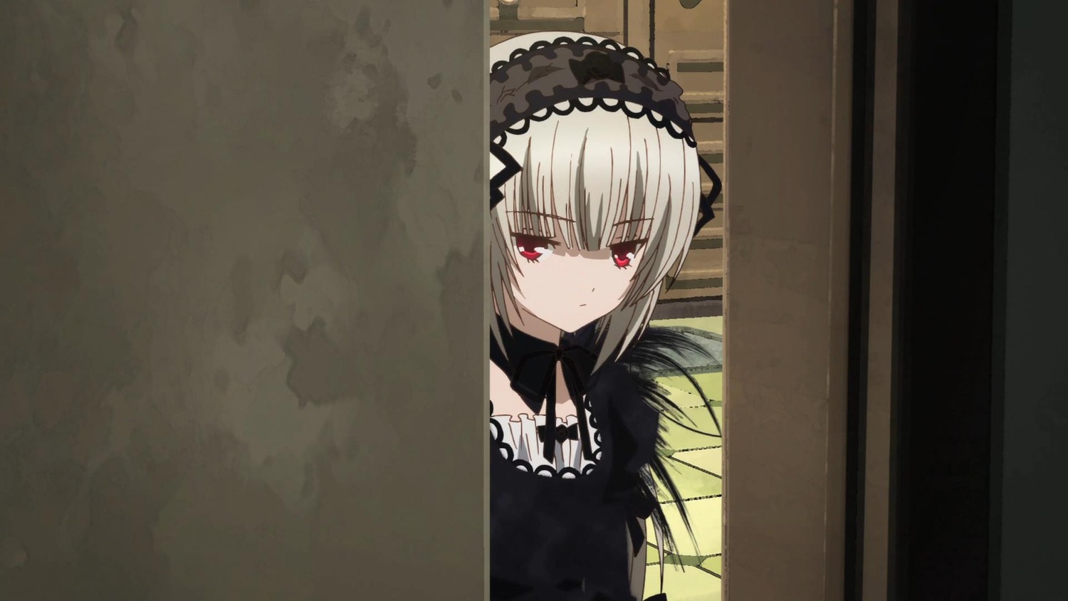 1girl bangs black_dress closed_mouth dress eyebrows_visible_through_hair frills hairband image lolita_fashion looking_at_viewer red_eyes ribbon solo suigintou