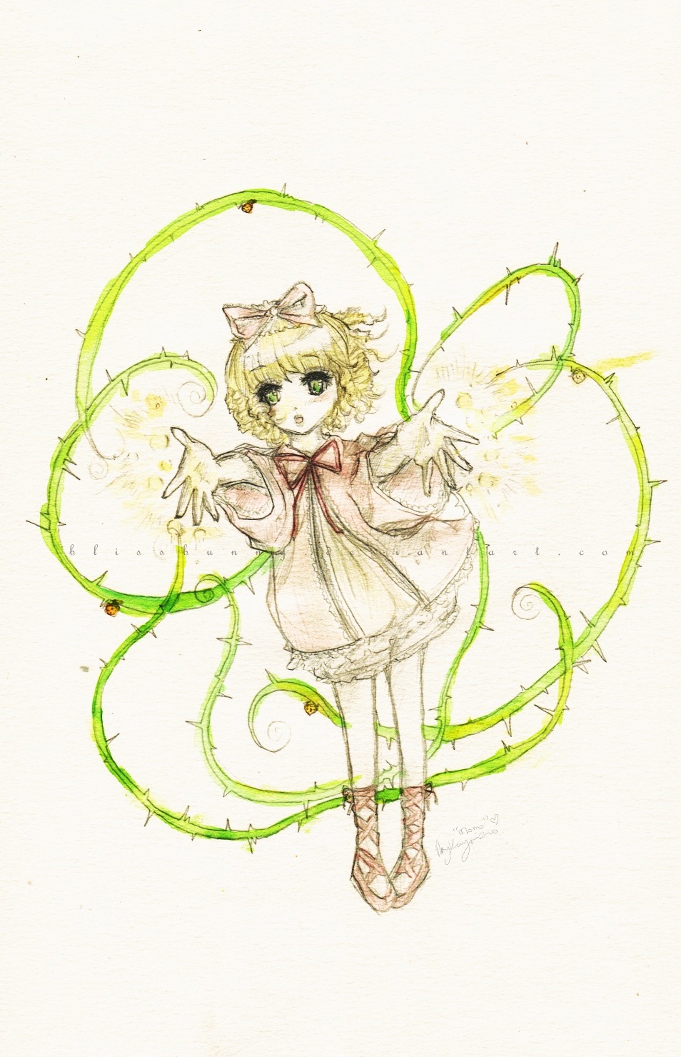1girl blonde_hair bow dress full_body green_eyes hinaichigo image looking_at_viewer ribbon short_hair solo traditional_media