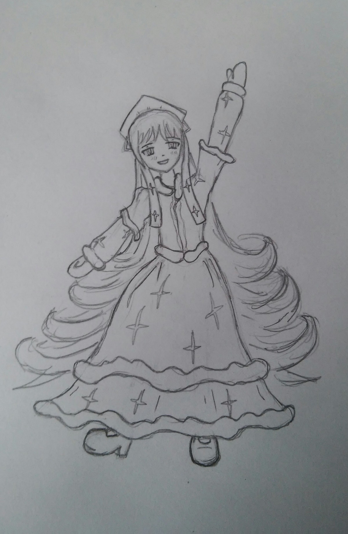 1girl arm_up bangs dress full_body greyscale hat image long_hair long_sleeves looking_at_viewer monochrome open_mouth pointy_ears simple_background smile solo standing suiseiseki traditional_media very_long_hair