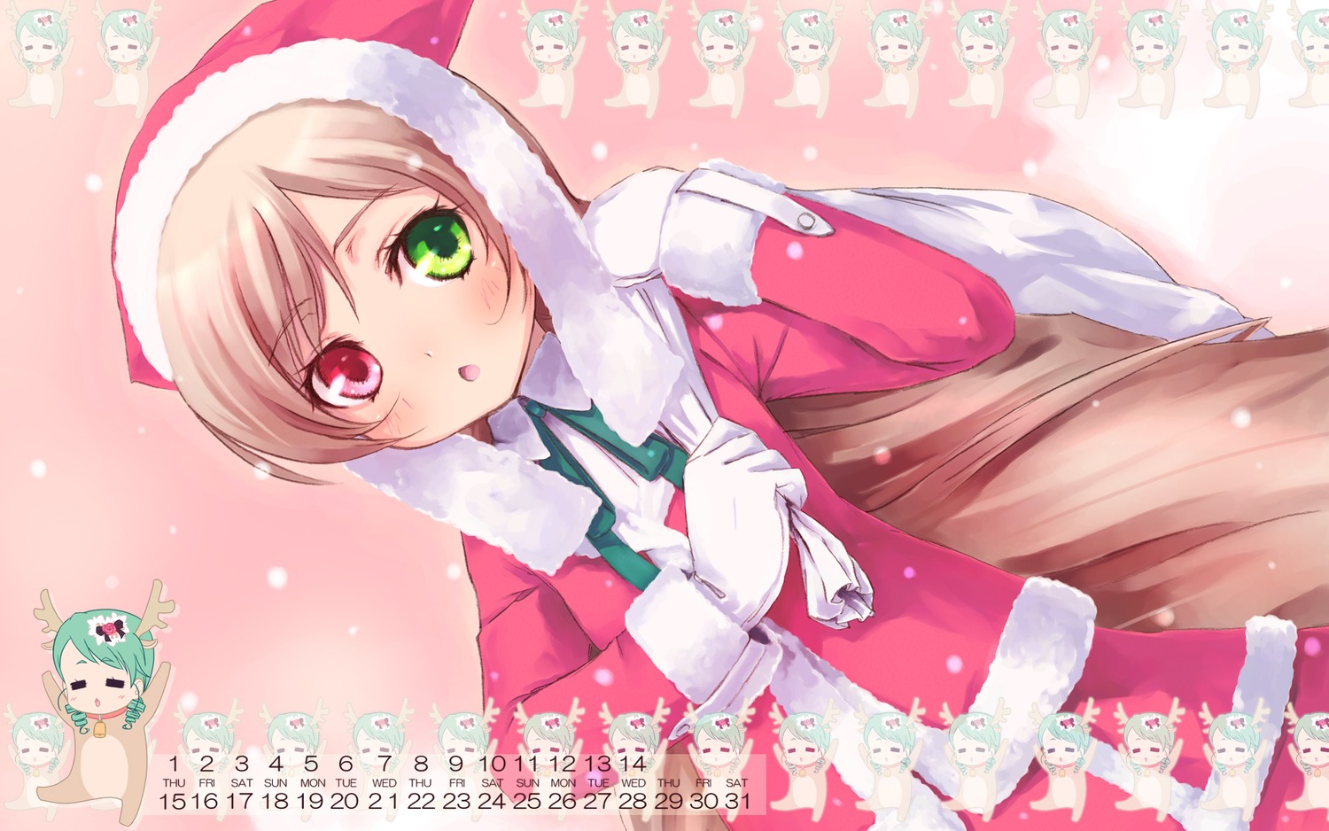 blush brown_hair dress gloves green_eyes hat heterochromia image kanaria long_hair multiple_girls open_mouth pair red_eyes santa_costume solo suiseiseki white_gloves