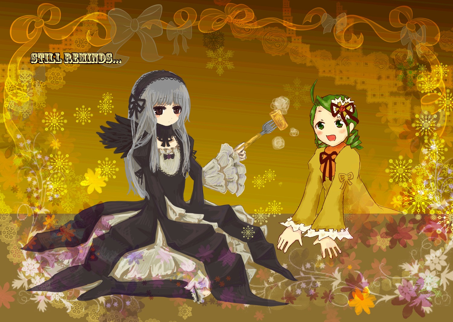 2girls dress flower frills green_eyes green_hair hairband image kanaria long_hair long_sleeves multiple_girls open_mouth pair ribbon silver_hair sitting suigintou wings