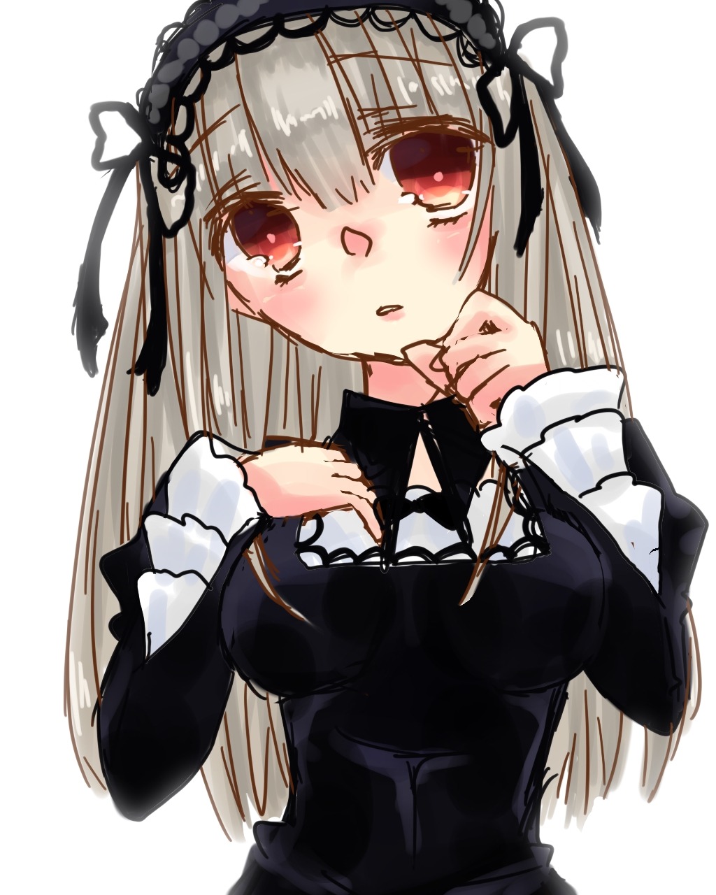 1girl bangs black_dress black_ribbon blush breasts dress eyebrows_visible_through_hair hairband image long_hair long_sleeves looking_at_viewer parted_lips red_eyes ribbon silver_hair simple_background solo suigintou upper_body white_background