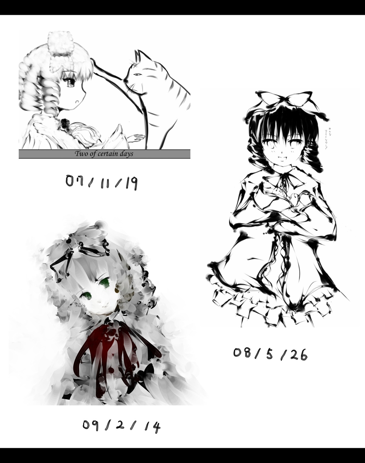 3girls animal_ears bow cat cat_ears chen dress hair_bow hair_ribbon hat hinaichigo image inaba_tewi kaenbyou_rin monochrome multiple_girls ribbon short_hair smile solo
