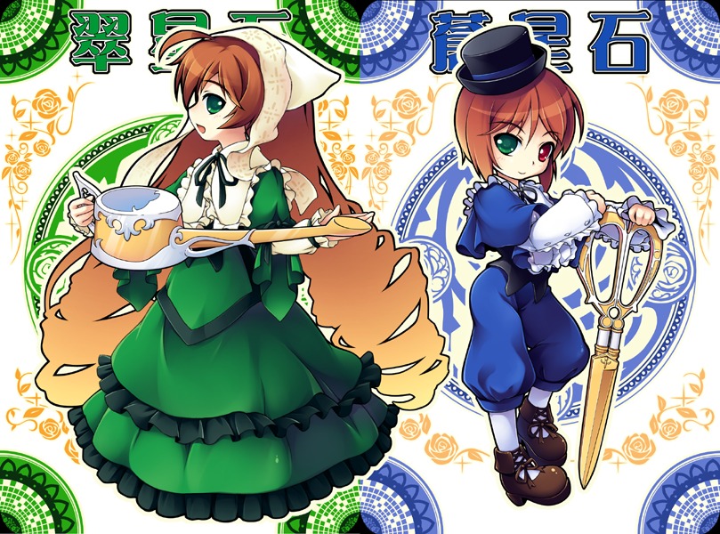 2girls blue_dress brown_hair dress food frills green_dress green_eyes hat head_scarf heterochromia image long_hair long_sleeves multiple_girls pair red_eyes scissors short_hair siblings sisters souseiseki suiseiseki twins watering_can