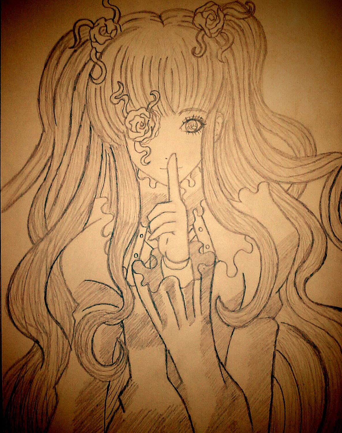 1girl finger_to_mouth flower frills hair_flower hair_ornament image kirakishou long_hair looking_at_viewer monochrome shushing solo traditional_media upper_body
