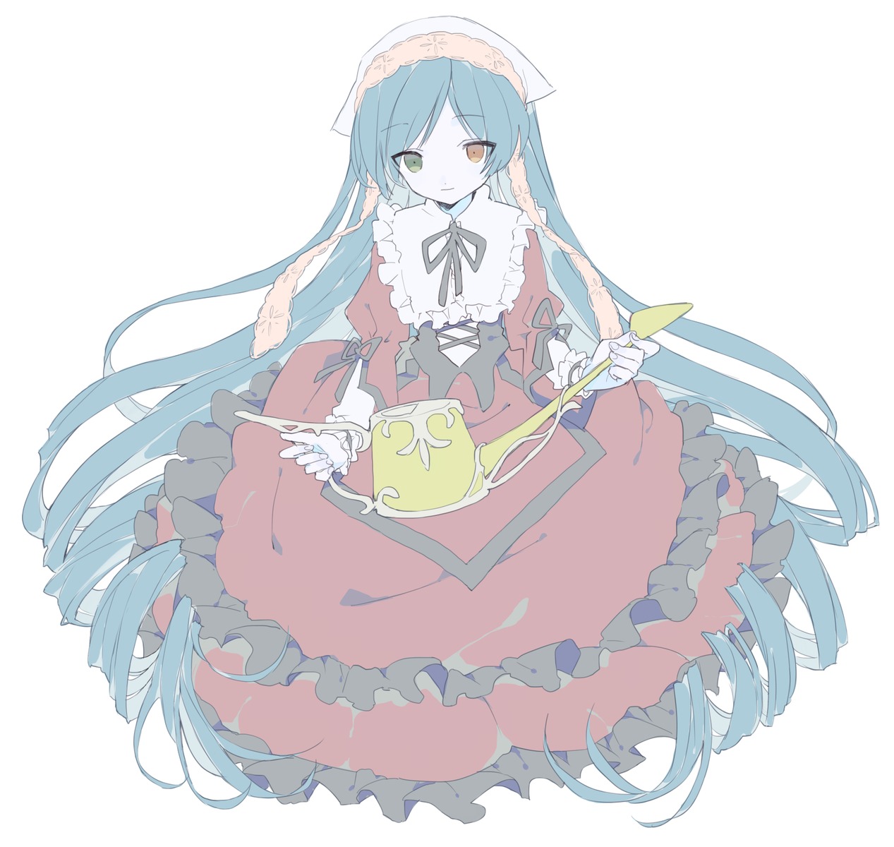 1girl dress drill_hair frills green_eyes image lolita_fashion long_hair long_sleeves neck_ribbon ribbon simple_background solo suiseiseki very_long_hair white_background